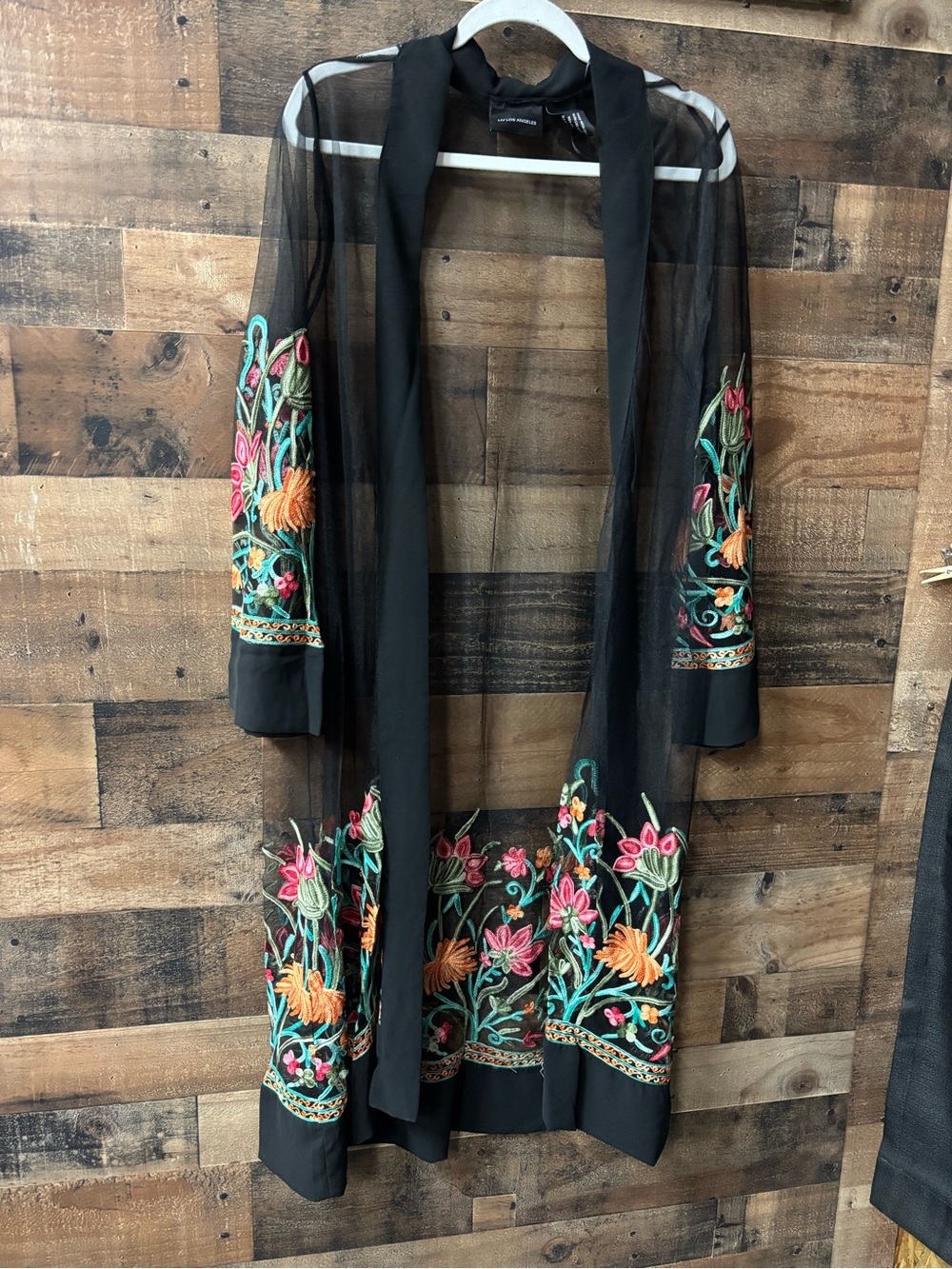 Black Sheer Embroidered Floral Duster Kimono